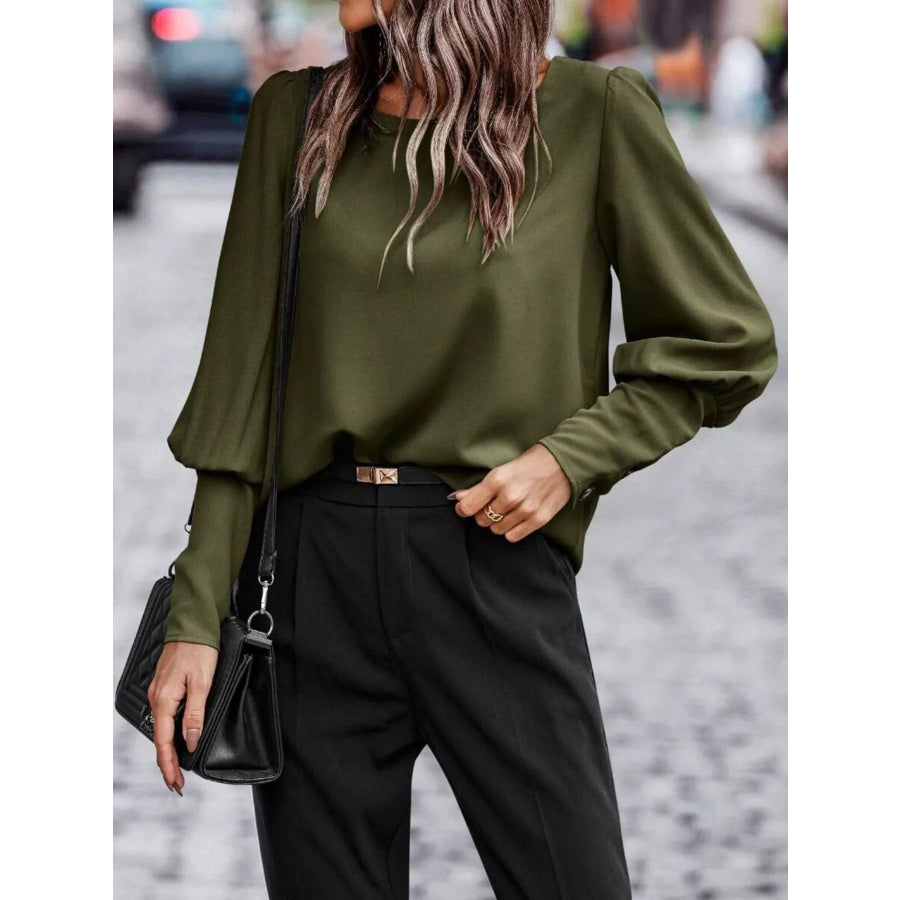 Back Button Lantern Sleeve Blouse Apparel and Accessories
