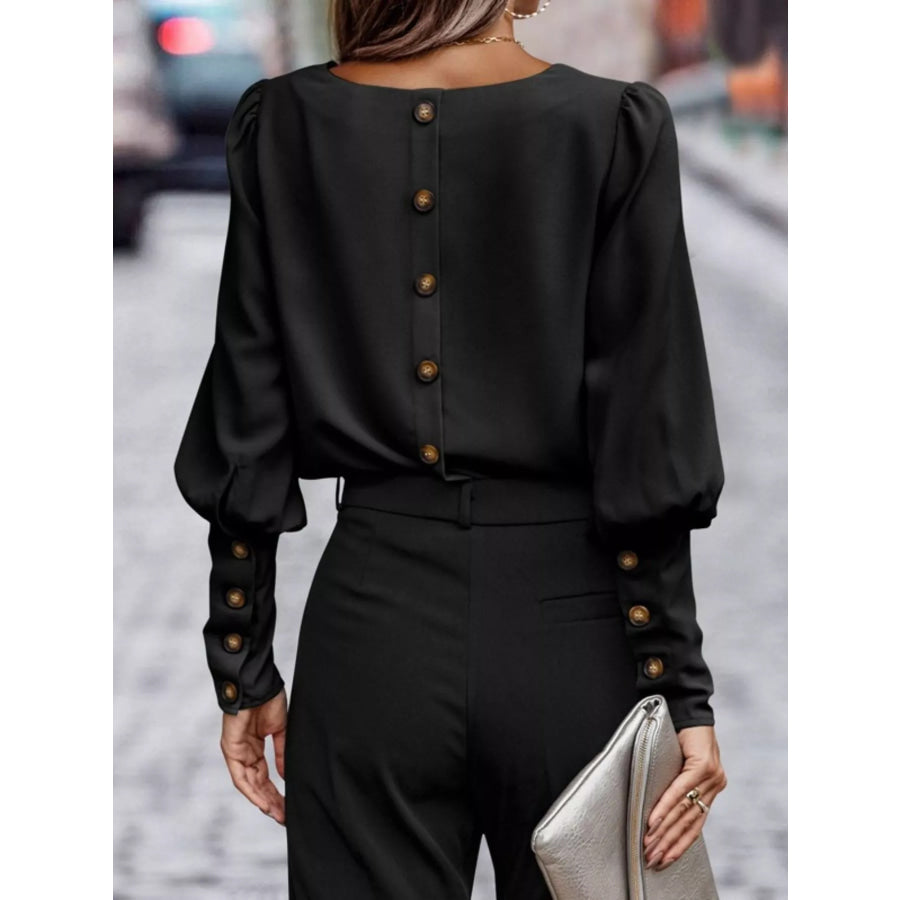 Back Button Lantern Sleeve Blouse Apparel and Accessories