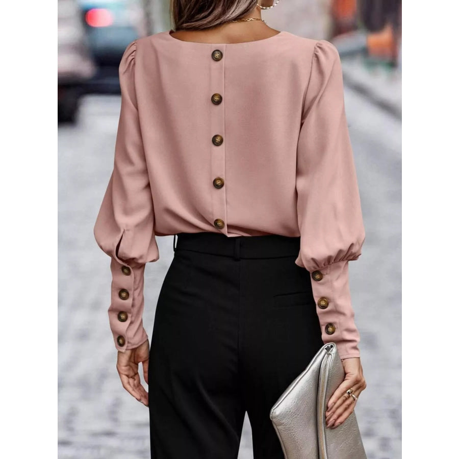 Back Button Lantern Sleeve Blouse Apparel and Accessories