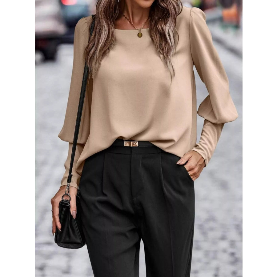 Back Button Lantern Sleeve Blouse Tan / S Apparel and Accessories