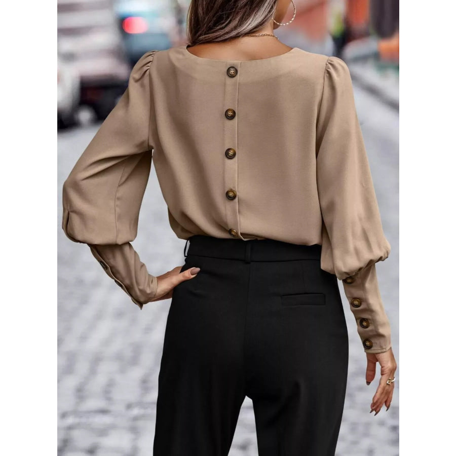 Back Button Lantern Sleeve Blouse Apparel and Accessories
