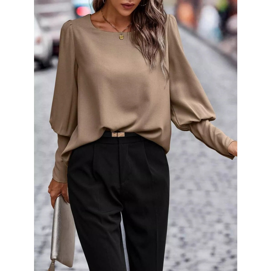 Back Button Lantern Sleeve Blouse Apparel and Accessories