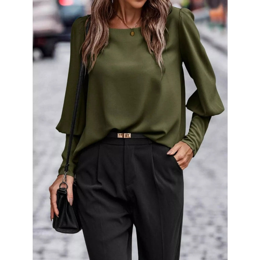 Back Button Lantern Sleeve Blouse Army Green / S Apparel and Accessories