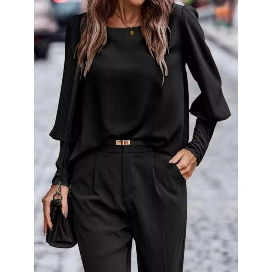 Back Button Lantern Sleeve Blouse Black / S Apparel and Accessories