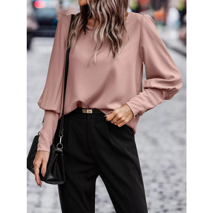 Back Button Lantern Sleeve Blouse Dusty Pink / S Apparel and Accessories