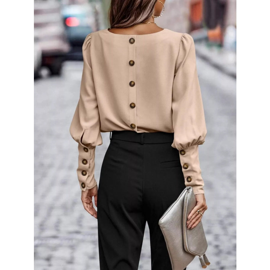 Back Button Lantern Sleeve Blouse Tan / S Apparel and Accessories