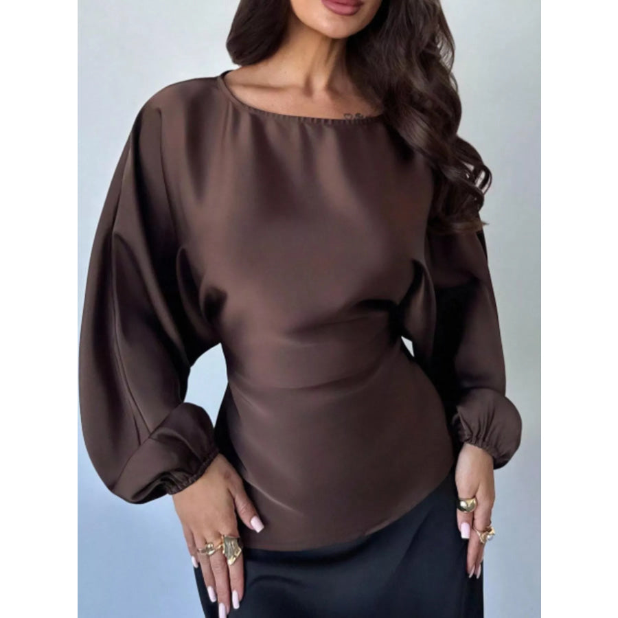 Back Tie Long Sleeve Blouse Brown / S Apparel and Accessories
