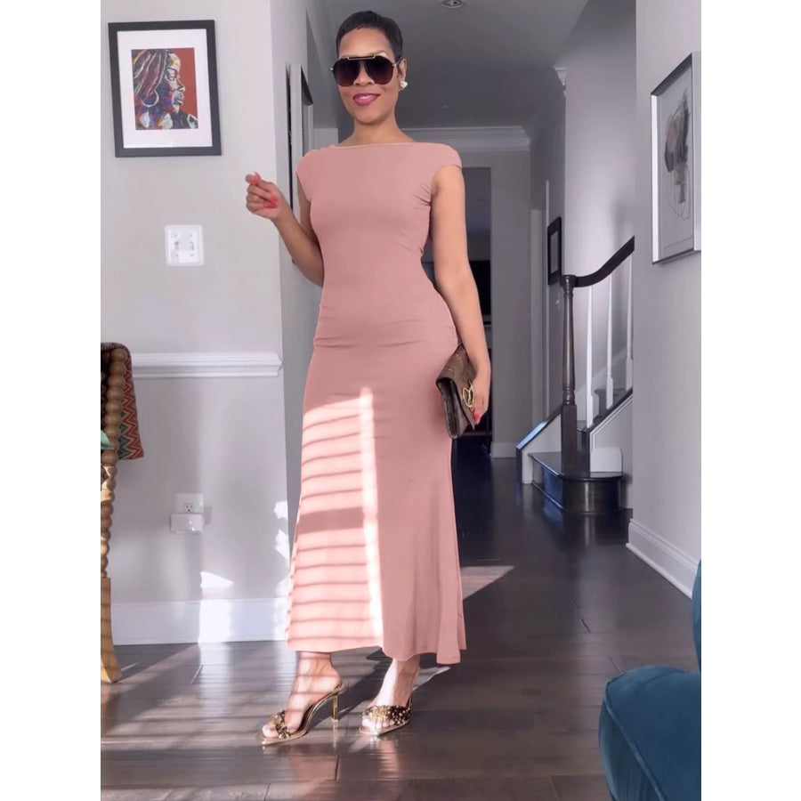 Backless Cap Sleeve Maxi Dress Coral / S Apparel and Accessories