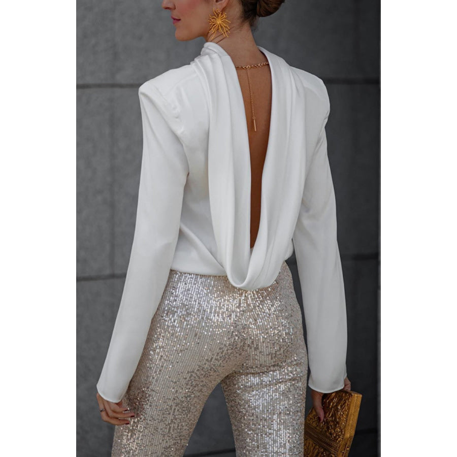 Backless Cowl Neck Long Sleeve Blouse White / S Apparel and Accessories