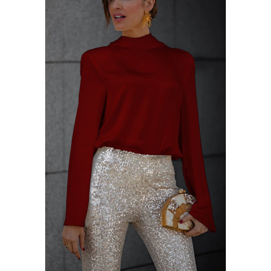 Backless Cowl Neck Long Sleeve Blouse Burgundy / S Apparel and Accessories