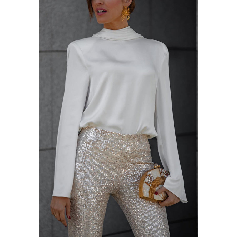 Backless Cowl Neck Long Sleeve Blouse White / S Apparel and Accessories