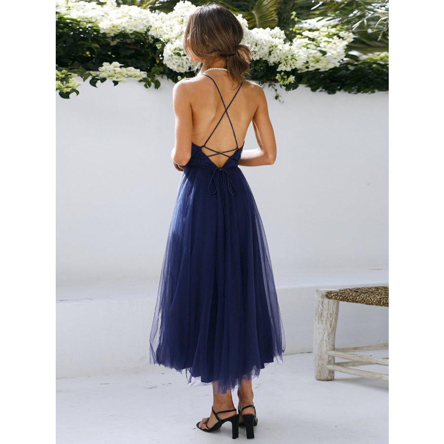 Backless Crisscross Sleeveless Midi Dress Navy / S Apparel and Accessories