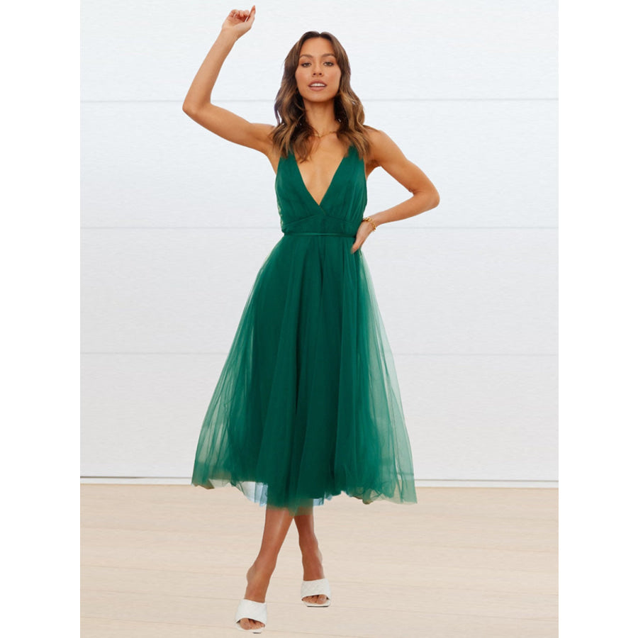 Backless Crisscross Sleeveless Midi Dress Dark Green / S Apparel and Accessories