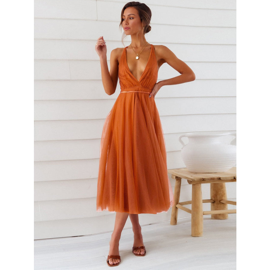 Backless Crisscross Sleeveless Midi Dress Terracotta / S Apparel and Accessories