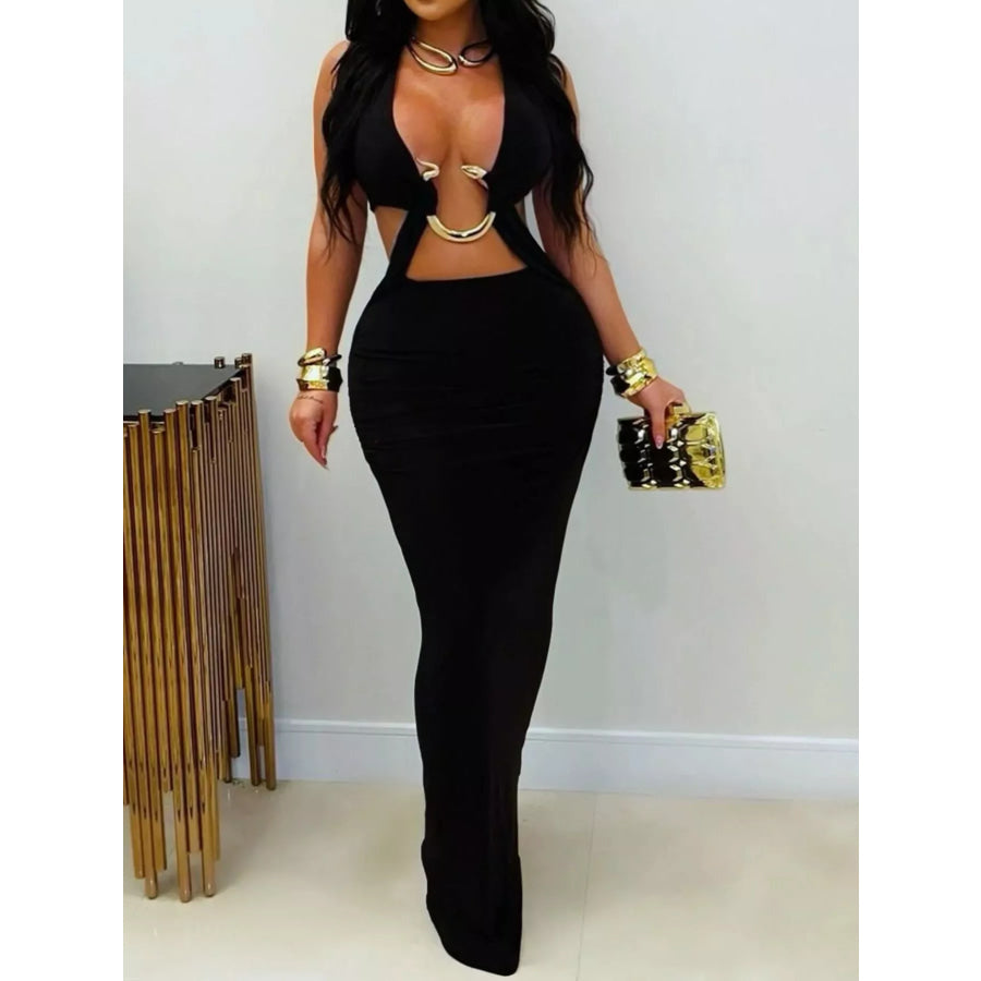 Backless Cut-Out Maxi Dress with Gold Hardware Detail Black / S Apparel and Accessories