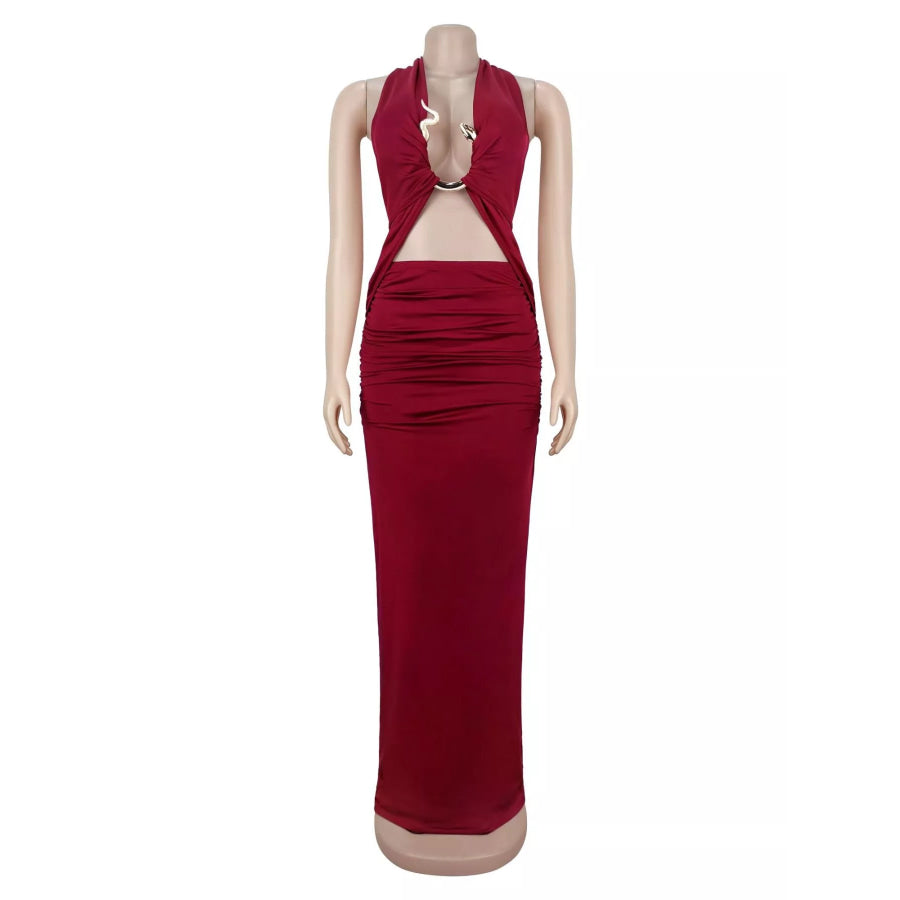 Backless Cut-Out Maxi Dress with Gold Hardware Detail Burgundy / S Apparel and Accessories