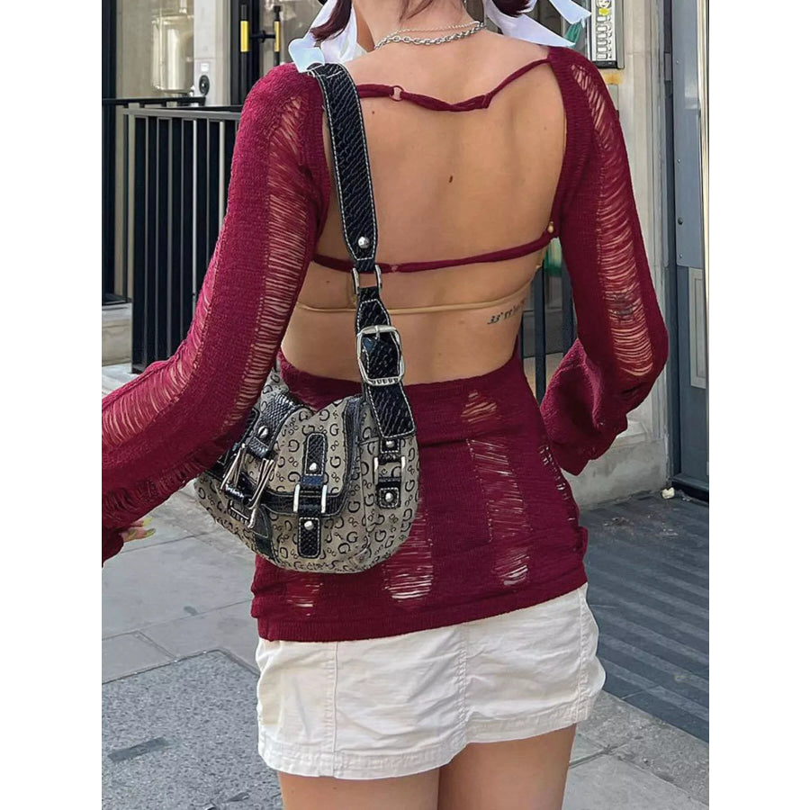 Backless Distressed Long Sleeve Knit Cover Up Apparel and Accessories