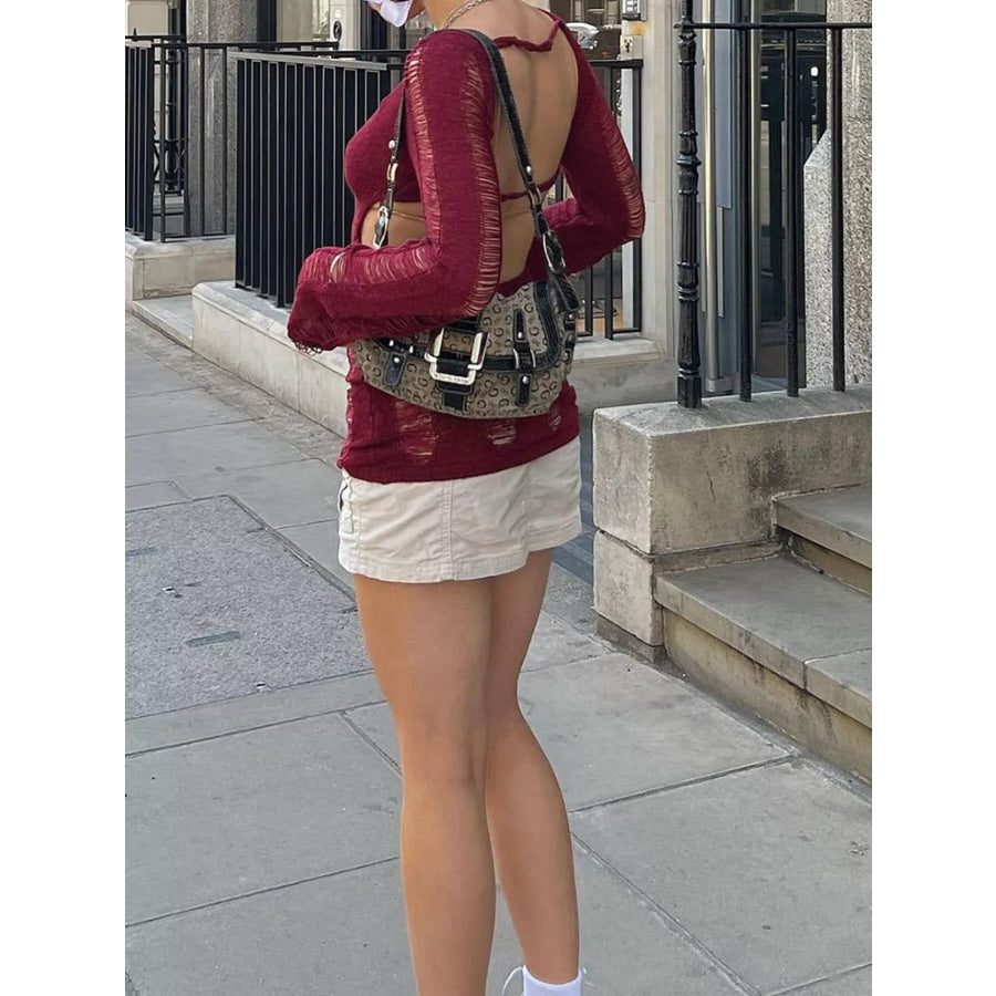 Backless Distressed Long Sleeve Knit Cover Up Apparel and Accessories