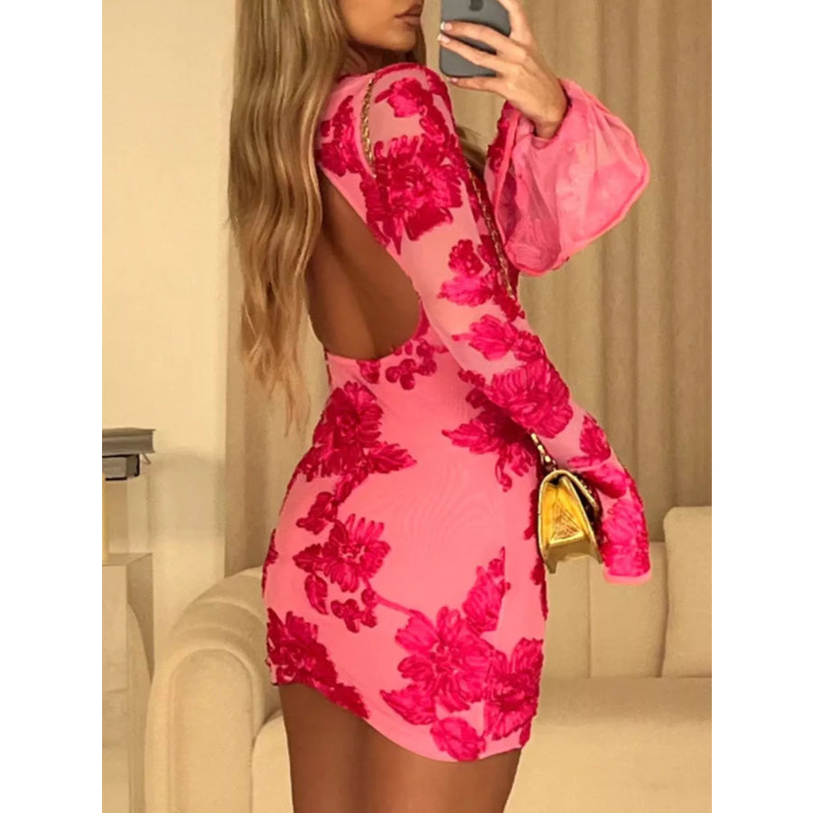 Backless Floral Flounce Sleeve Dress Apparel and Accessories