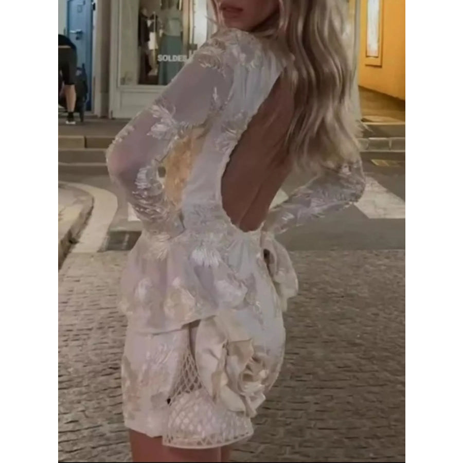 Backless Floral Flounce Sleeve Dress Apparel and Accessories