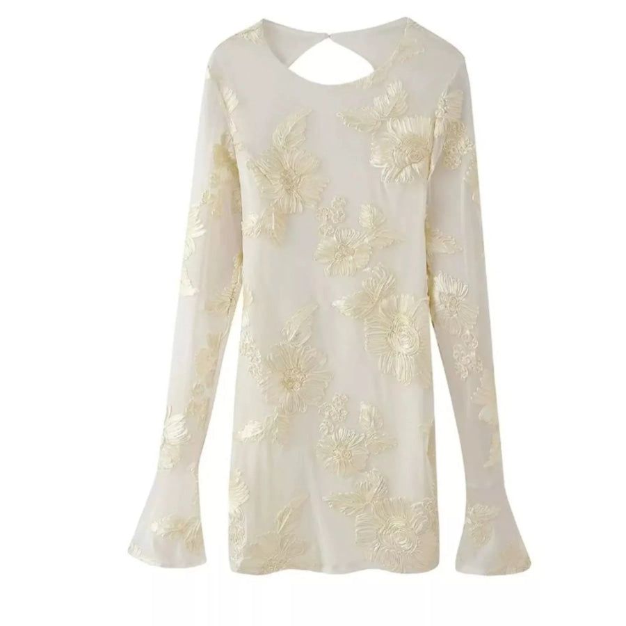 Backless Floral Flounce Sleeve Dress Beige / S Apparel and Accessories