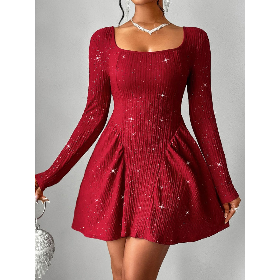 Backless Glitter Square Neck Long Sleeve Mini Dress Apparel and Accessories