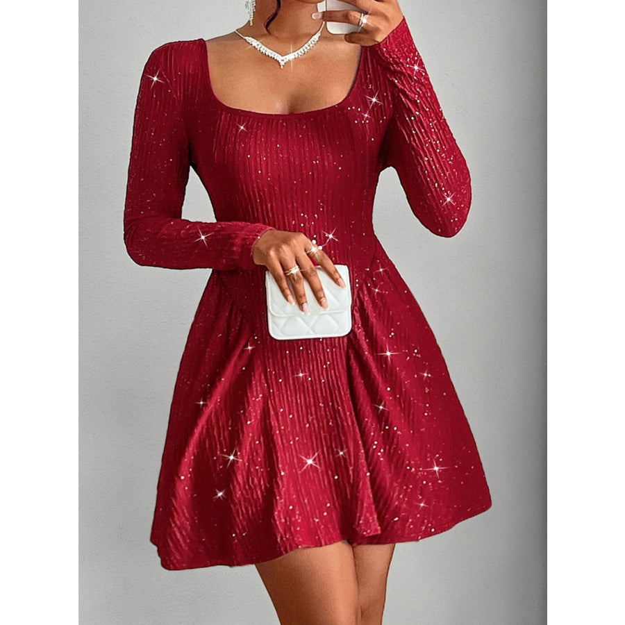 Backless Glitter Square Neck Long Sleeve Mini Dress Apparel and Accessories