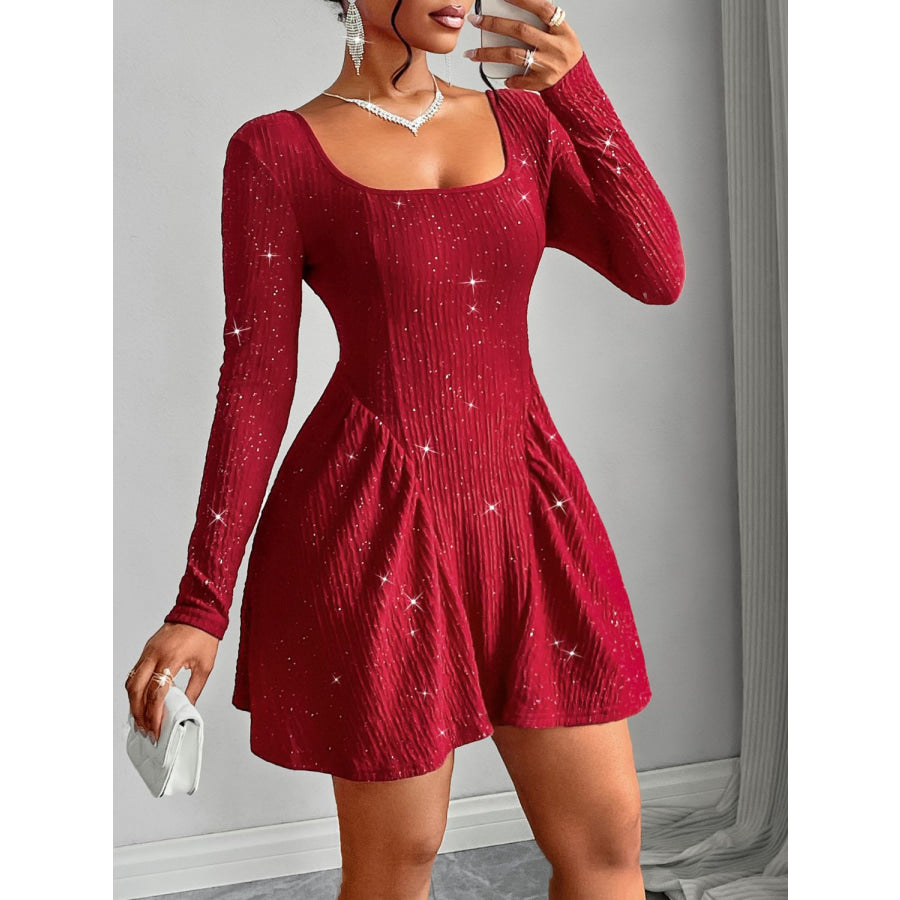 Backless Glitter Square Neck Long Sleeve Mini Dress Apparel and Accessories