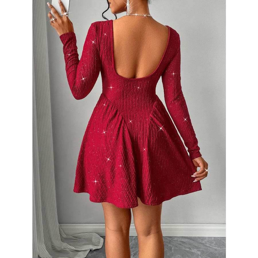 Backless Glitter Square Neck Long Sleeve Mini Dress Apparel and Accessories