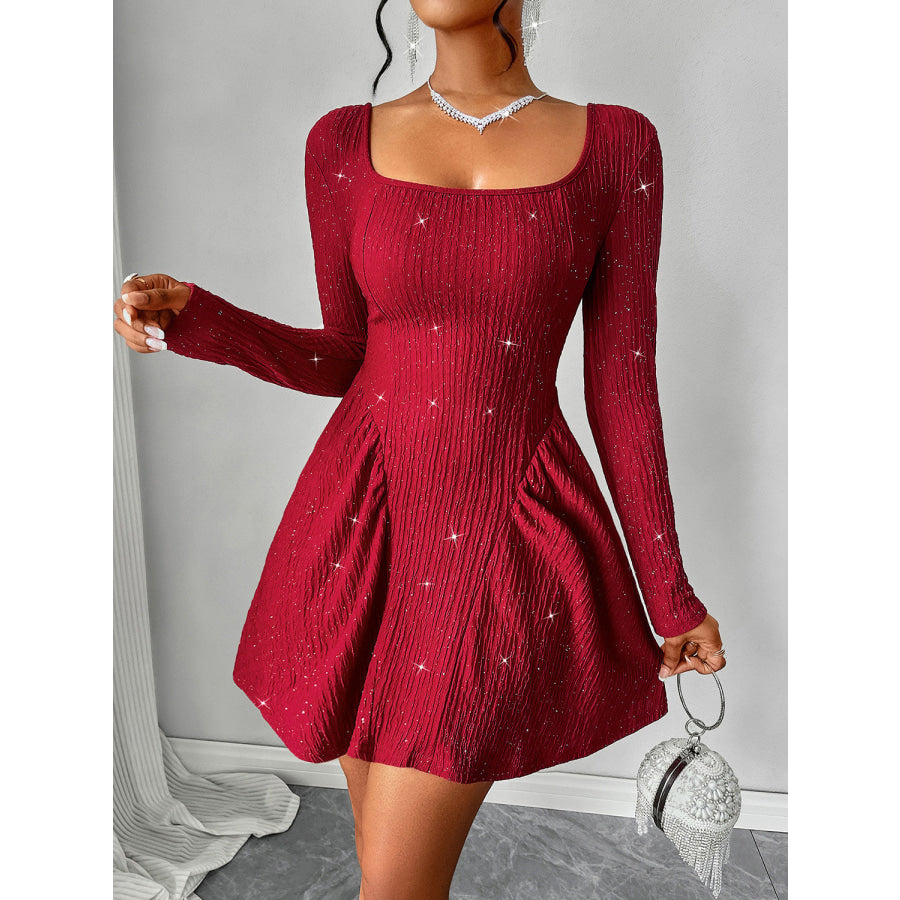 Backless Glitter Square Neck Long Sleeve Mini Dress Deep Red / M Apparel and Accessories