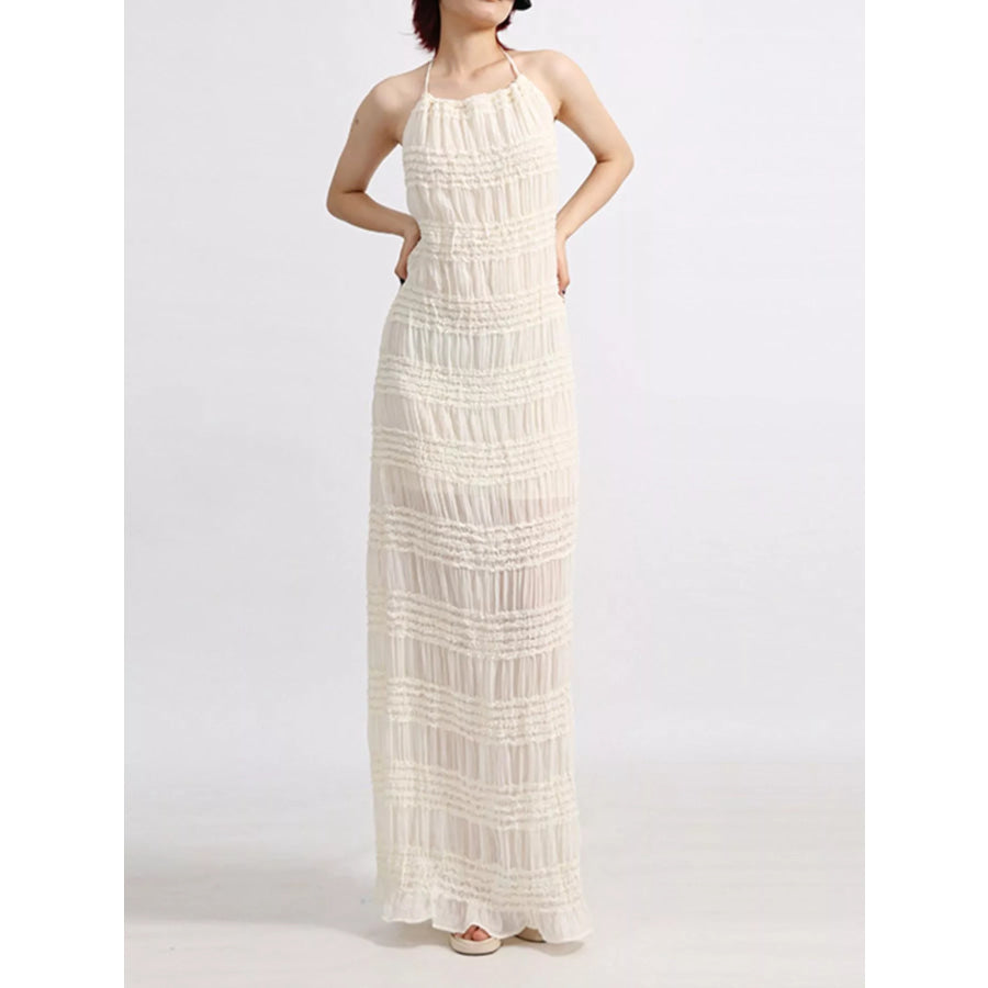 Backless Halter Neck Ruched Maxi Dress White / S Apparel and Accessories