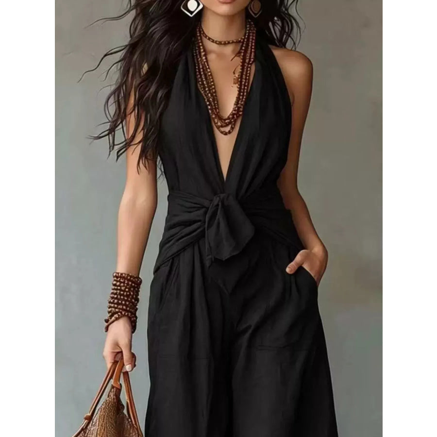 Backless Halter Neck Wide Leg Jumpsuit Apparel and Accessories