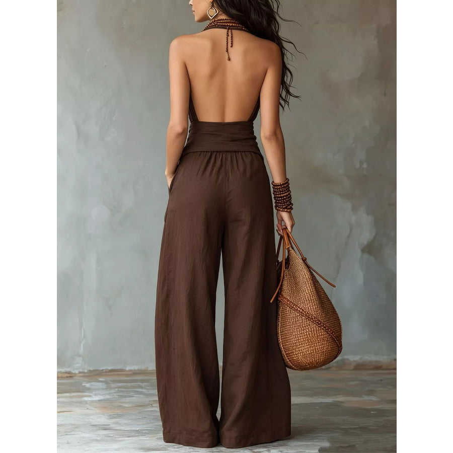 Backless Halter Neck Wide Leg Jumpsuit Apparel and Accessories