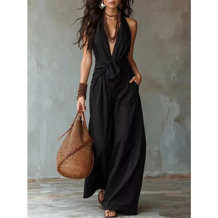 Backless Halter Neck Wide Leg Jumpsuit Black / XS Apparel and Accessories