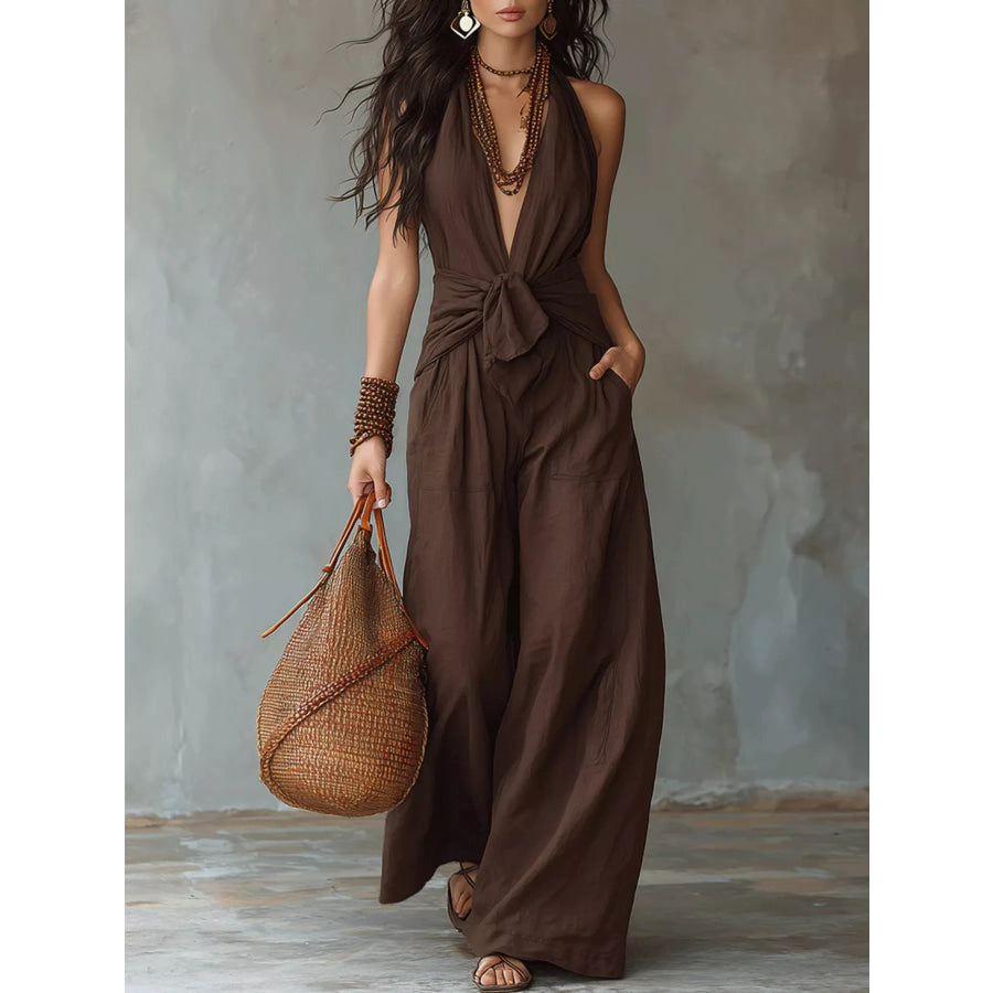 Backless Halter Neck Wide Leg Jumpsuit Brown / XS Apparel and Accessories