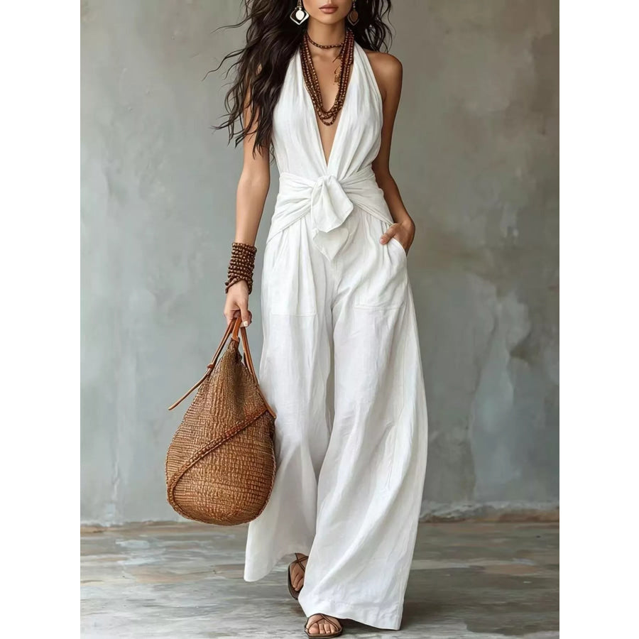 Backless Halter Neck Wide Leg Jumpsuit White / XS Apparel and Accessories