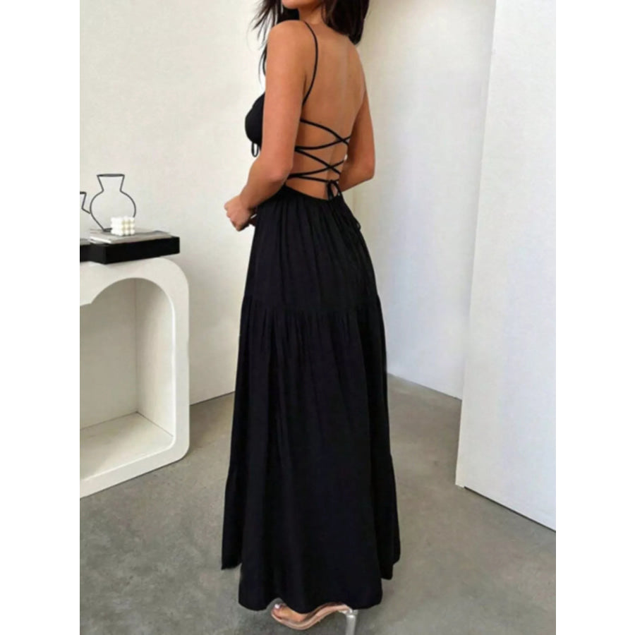 Backless Lace Up Spaghetti Strap Maxi Dress Black / S Apparel and Accessories