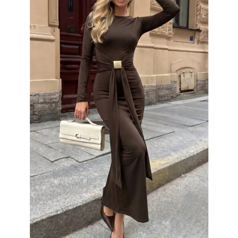 Backless Long-Sleeve Bodycon Maxi Dress with Gold-Tone Waist Buckle Brown / S