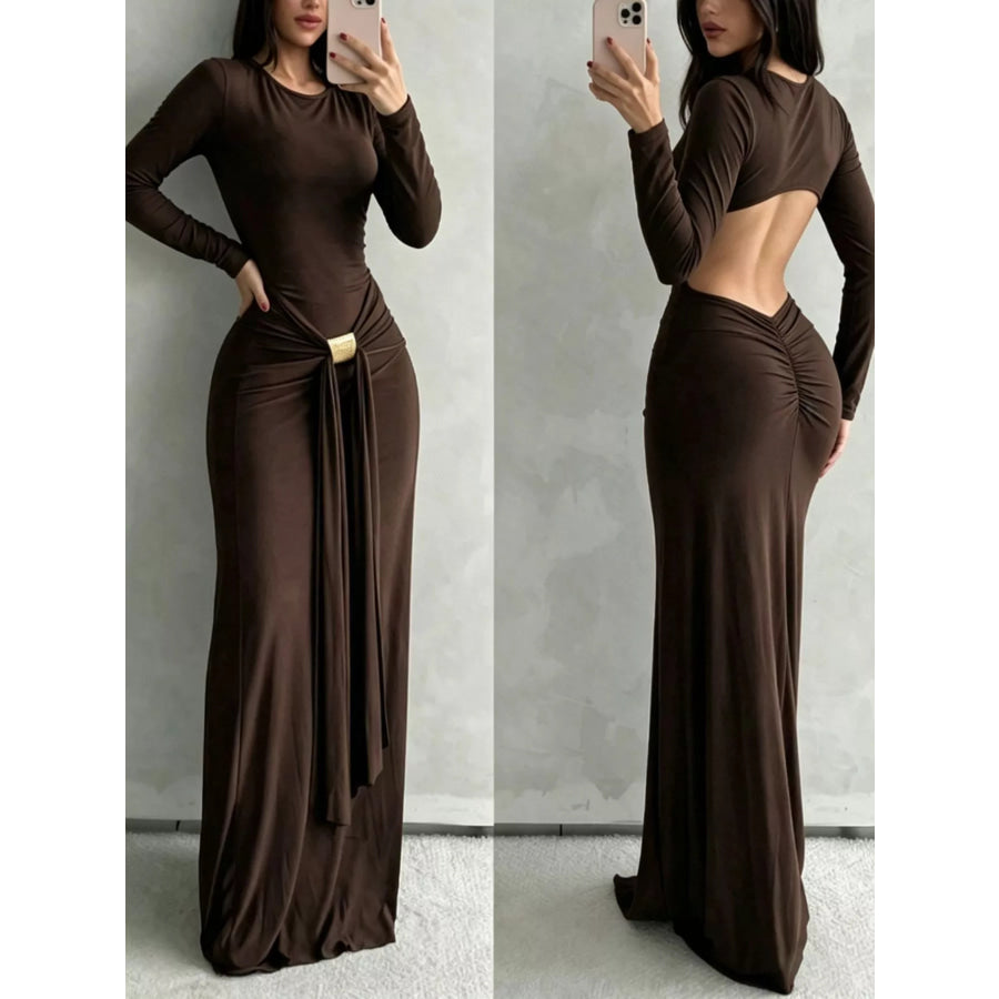 Backless Long-Sleeve Bodycon Maxi Dress with Gold-Tone Waist Buckle