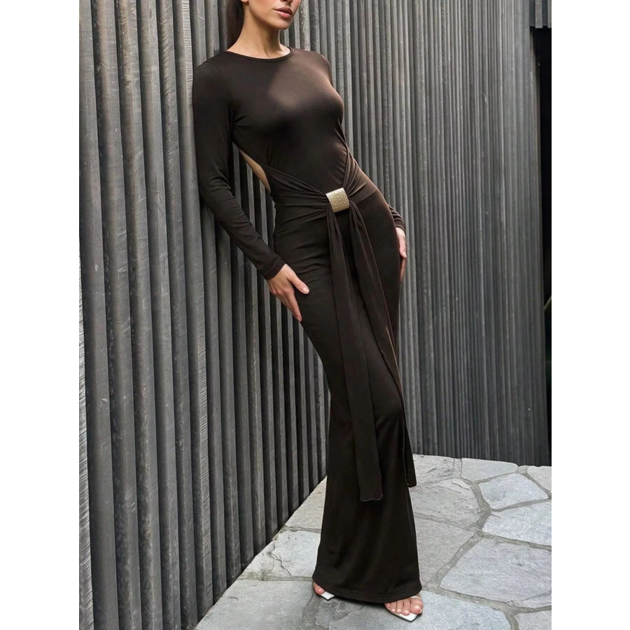 Backless Long-Sleeve Bodycon Maxi Dress with Gold-Tone Waist Buckle