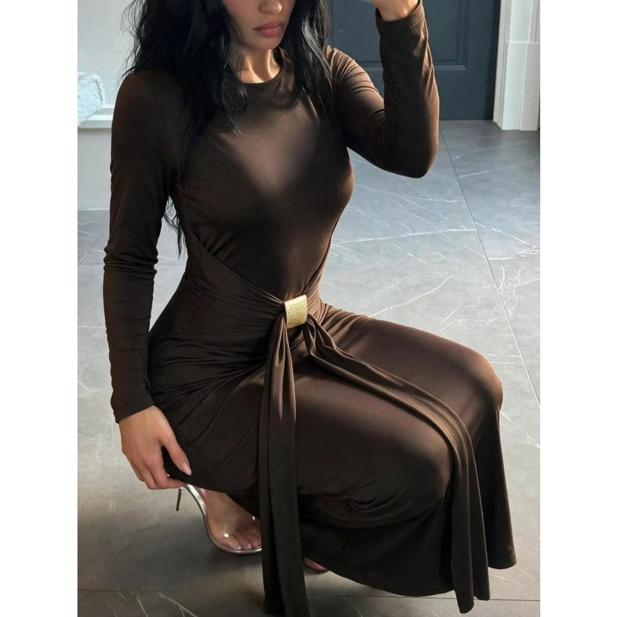 Backless Long-Sleeve Bodycon Maxi Dress with Gold-Tone Waist Buckle