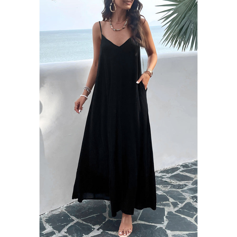 Backless Maxi Cami Dress with Pockets Black / S Apparel and Accessories