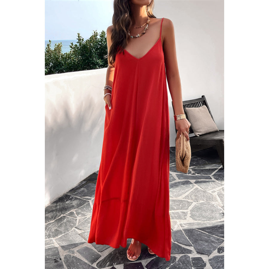 Backless Maxi Cami Dress with Pockets Deep Red / S Apparel and Accessories