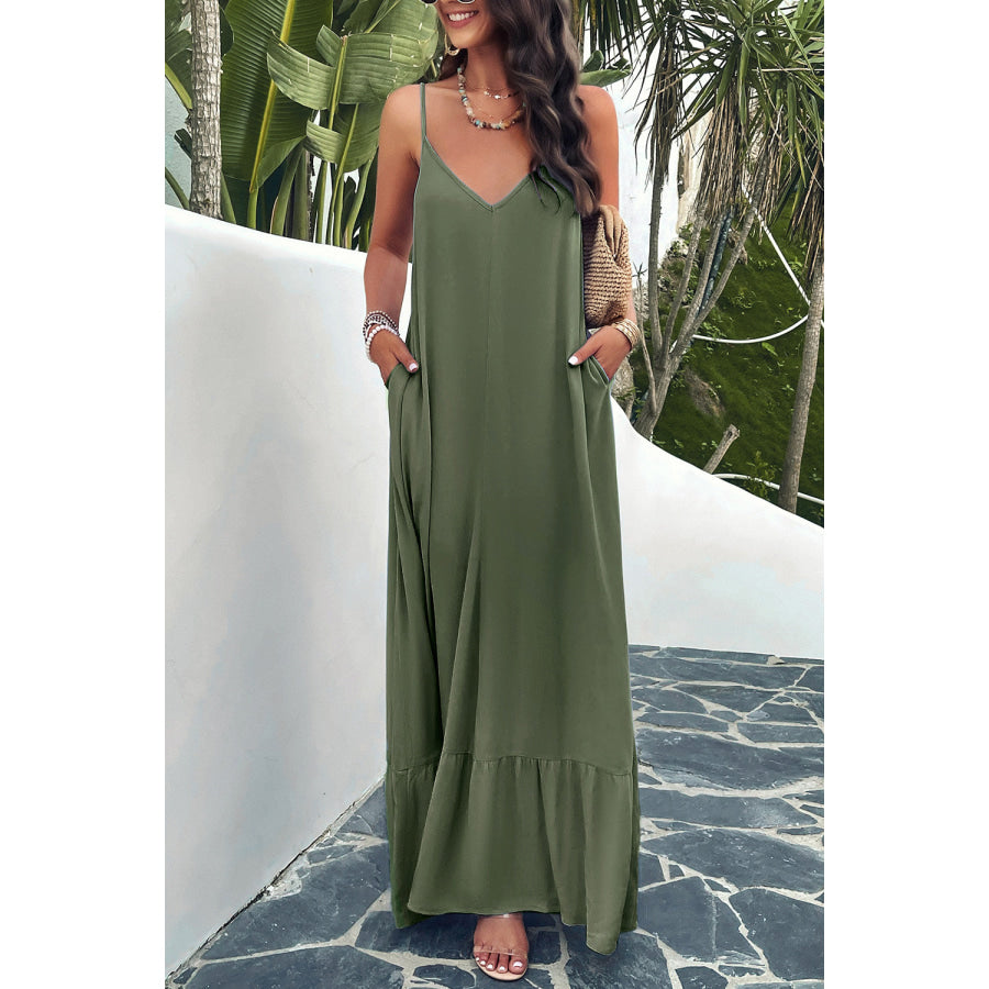 Backless Maxi Cami Dress with Pockets Moss / S Apparel and Accessories