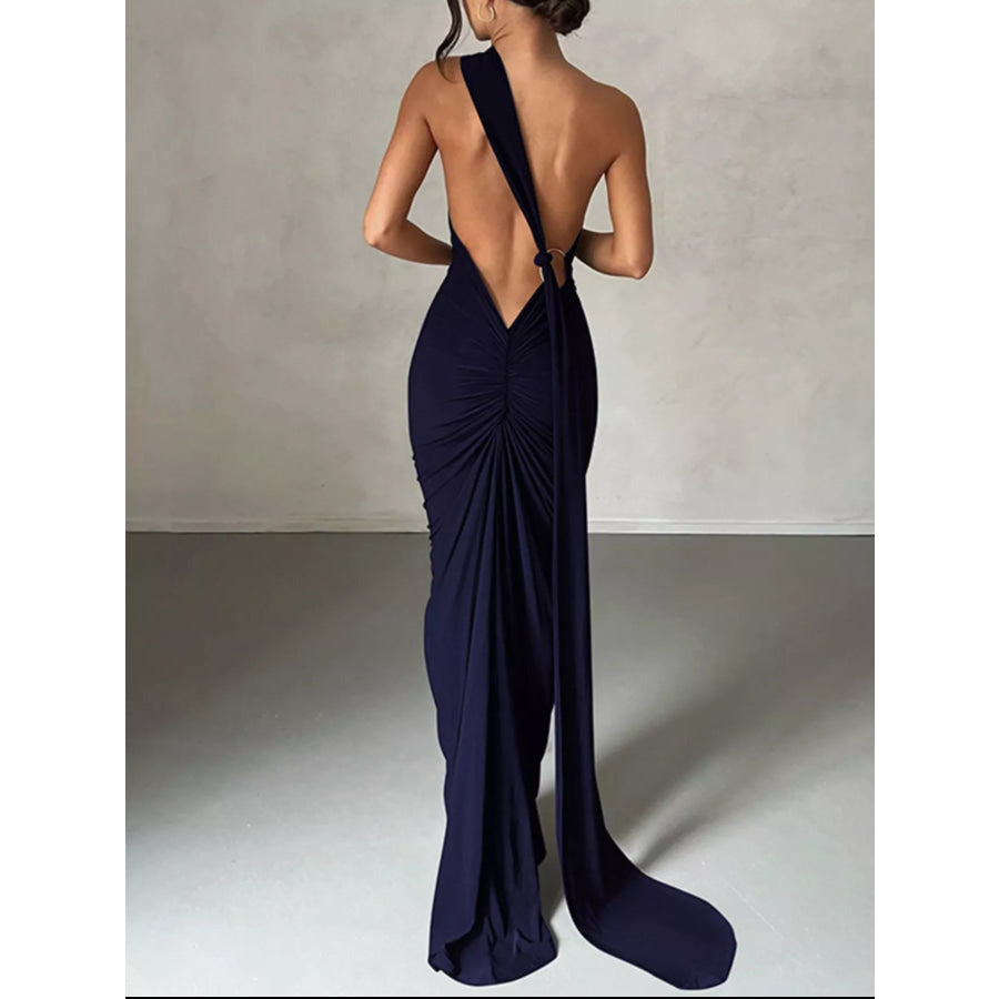 Backless One-Shoulder Ruched Bodycon Maxi Dress Apparel and Accessories