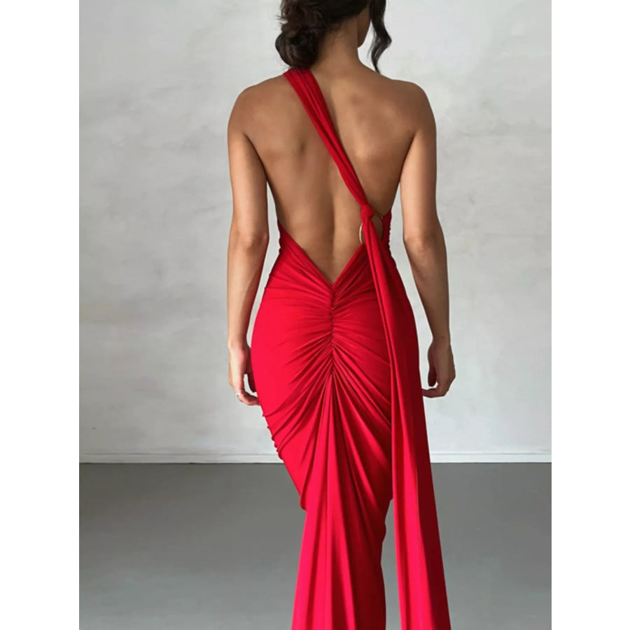 Backless One-Shoulder Ruched Bodycon Maxi Dress Apparel and Accessories