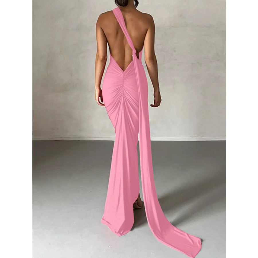 Backless One-Shoulder Ruched Bodycon Maxi Dress Apparel and Accessories