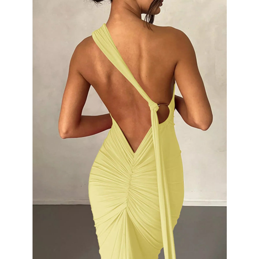 Backless One-Shoulder Ruched Bodycon Maxi Dress Apparel and Accessories
