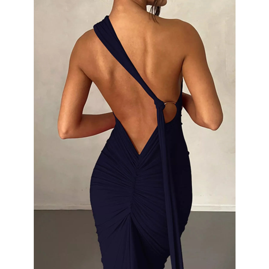 Backless One-Shoulder Ruched Bodycon Maxi Dress Apparel and Accessories