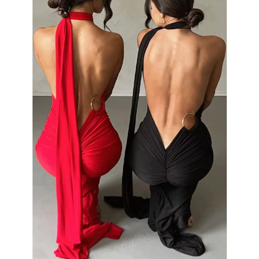 Backless One-Shoulder Ruched Bodycon Maxi Dress Apparel and Accessories